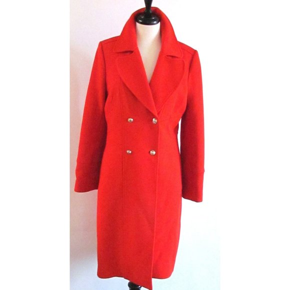 Diane Von Furstenberg Red Wool Double Breasted Notched Collar Coat Size 10.R